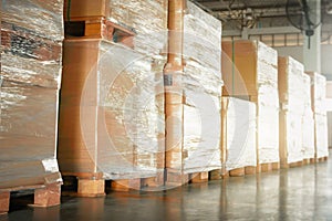 Package Boxes Wrapped Plastic Stacked on Pallets. Warehouse Shipping, Supply Chain, Cargo Supplies Warehouse Logistic.