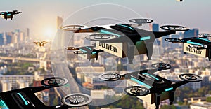 Package cardboard box drones fly above  skies,business concept and  air transportation industry, through rapid delivery,Unmanned