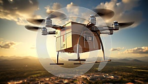 Package cardboard box drones fly above sky,business concept and air transportation industry, through rapid delivery,Unmanned