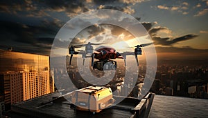 Package cardboard box drones fly above sky,business concept and air transportation industry, through rapid delivery,Unmanned