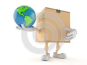 Package character holding world globe