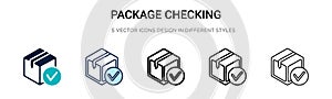 Package checking icon in filled, thin line, outline and stroke style. Vector illustration of two colored and black package