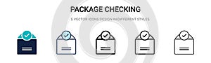 Package checking icon in filled, thin line, outline and stroke style. Vector illustration of two colored and black package