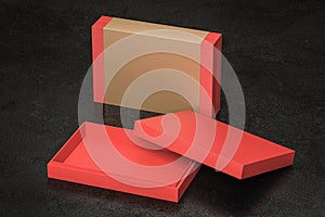 Package craft cardboard polystyrene Gift Box Mockup for branding and identity - open and closed with gold p
