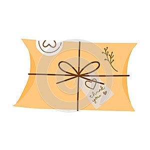 Package delivery box gift packaging with label sticker and thank you card. Flat vector illustration. Thanksgiving concept