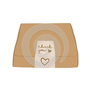 Package delivery box with label sticker thank you. Hand drawn Flat vector illustration. Thanksgiving concept