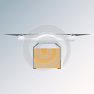 Package Delivery Drone. Concept illustration of a drone carrying a package. Unmanned drone with box of fragile cargo in