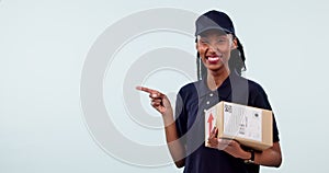 Package delivery, smile and black woman point at brand logo design, product shipping news or mockup space. African girl