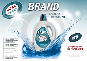 Package design for Liquid Detergents ads with water splash. Laundry detergent. Branded bleach, fabric softener. Template banner or