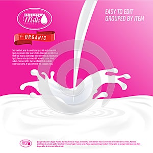 Package design with milk splash for milky dairy products. Avertisement layout template vector.