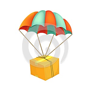 Package flying on parachute. Air shipping. Box vector icon. Delivery service concept.