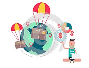 Package flying on parachute and business man vector illustration