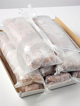 A package of frozen labgrown meat ready to thaw and cook.. AI generation