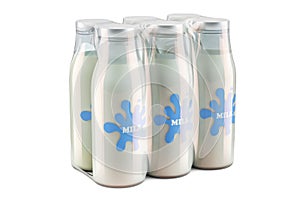 Package of glass milk bottles in shrink film, 3D rendering