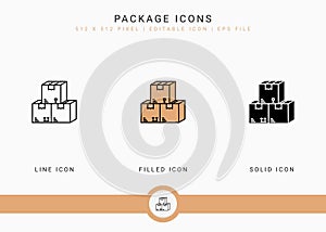 Package icons set vector illustration with solid icon line style. Logistic delivery concept.