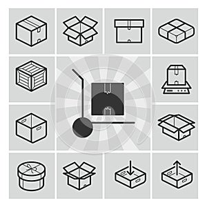 Package icons vector set with boxes, crates, containers
