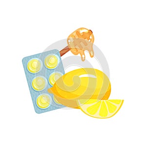 Package of lozenges with honey and lemon fruit flavor tastes, sucking candies for sore throat and cough remedy cartoon