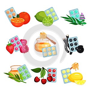 Package of lozenges set, flavored different tastes of sucking candies for sore throat and cough remedy cartoon vector