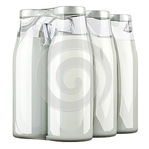 Package of milk or dairy drink in glass bottles in shrink film, 3D rendering