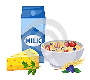 Package with milk, triangle of cheese, bowl with oatmeal, strawberries, bluberries, cereals, parsley