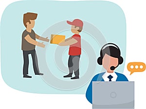 Package order and delivery flat cartoon vector illustration for infografic. Operator in headset receiving an order from