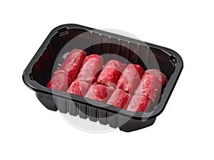 Package of raw meat roll slavink isolated on white background