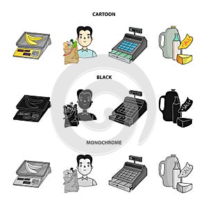Package, scales, banana, fruit .Supermarket set collection icons in cartoon,black,monochrome style vector symbol stock
