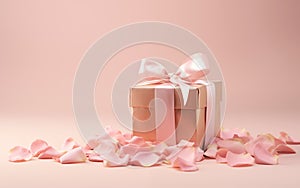Package tied with ribbon on pink background.