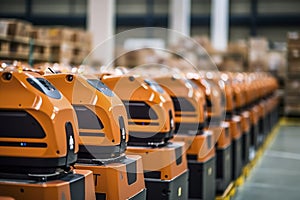 Package transport robots inside a logistics warehouse. Ai generated