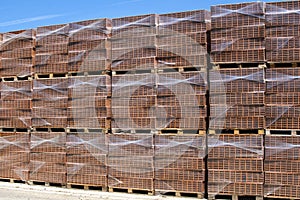 Packaged bricks on wooden pallets.