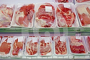 Packaged meat on supermarket shelves