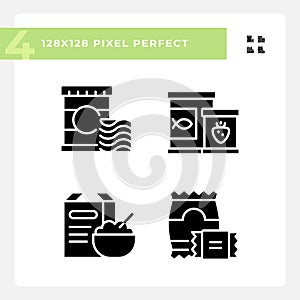 Packaged products pixel perfect black glyph icons set on white space photo