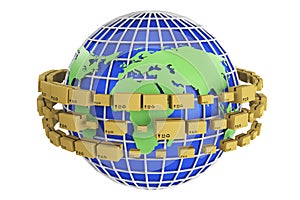 Packages delivery, packaging service, cardboard boxes on Global map. 3D rendering