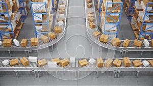 Packages delivery, parcels transportation system concept, cardboard boxes on conveyor belt in warehouse. Warehouse with