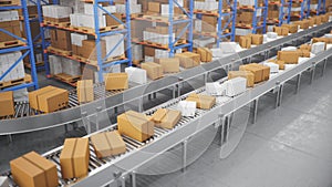 Packages delivery, parcels transportation system concept, cardboard boxes on conveyor belt in warehouse. Warehouse with
