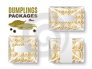 Packages of dumplings. boxes with transparent cellophane, empty blank label, realistic food. Different types frozen