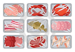 Packages with fresh meat, seafood, chicken set, food plastic trays containers with transparent cellophane cover vector