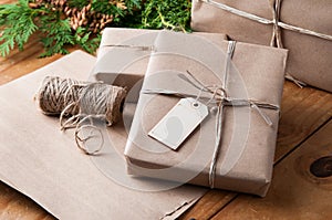 Brown paper packages wrapped up with string