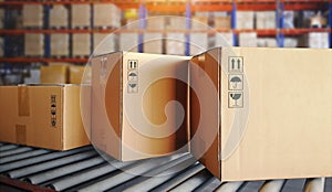 Packaging Boxes Moving on Conveyor Belt. Cartons, Cardboard Boxes. Storehouse. Distribution Warehouse. Shipping Supplies Warehouse