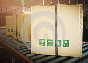 Packaging Boxes Moving on Conveyor Belt. Cartons, Cardboard Boxes. Storehouse. Distribution Warehouse. Shipping Supplies Warehouse