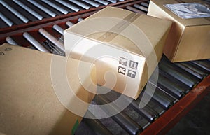 Packaging Boxes Moving on Conveyor Belt. Cartons, Cardboard Boxes. Storehouse. Distribution Warehouse. Shipping Supplies Warehouse