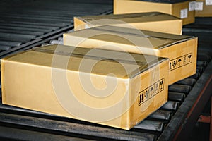 Packaging Boxes Sorting on Conveyor Belt. Cardboard Boxes. Storehouse. Distribution Warehouse. Shipping Supplies Warehouse.