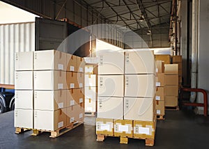 Packaging Boxes Stacked on Pallets Loading into Cargo Container. Cardboard Boxes. Shipping Trucks. Supply Chain Shipment. Logistic
