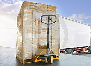 Packaging Boxes Wrapped Plastic Film on Pallets Loading into Shipping Cargo Container. Supply Chain. Trucks Parked Loading at Dock