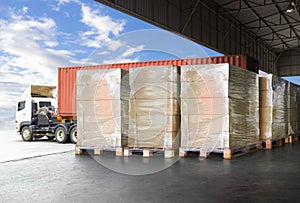 Packaging Boxes Wrapped Plastic Stacked on Pallets Loading into Cargo Container. Shipping Trucks. Supply Chain Shipment. Logistica