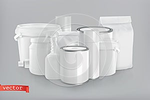 Packaging building and sanitary. White plastic, metal and paper pack. vector group