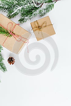 Packaging christmas gifts in boxes on white background top view
