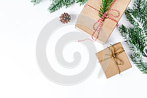 Packaging christmas gifts in boxes on white background top view