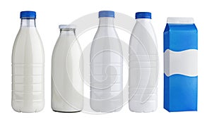 Packaging for dairy products, plastic and glass bottles for milk isolated on white background photo