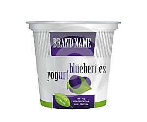 Packaging design yogurt with blueberries. Vector isolated on white background. Plastic container for blueberries yogurt and desser